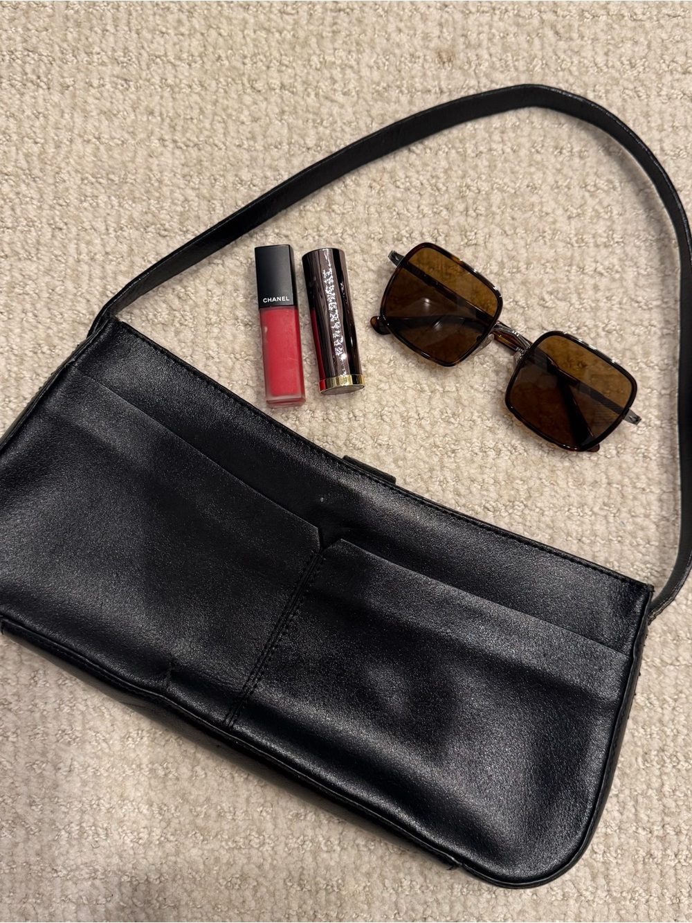 Supple black leather East-West Alfani brand shoulder bag